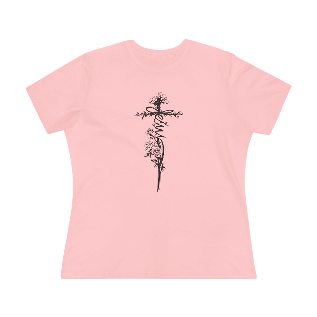 Women's Floral Cross Dark Pallete Cotton Tee — Delicate Vine Cross Graphic