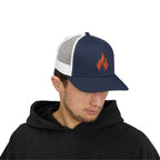 Embroidered Flame Trucker Cap — Orange Glitter Fire Patch Snapback
