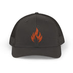Embroidered Flame Trucker Cap — Orange Glitter Fire Patch Snapback
