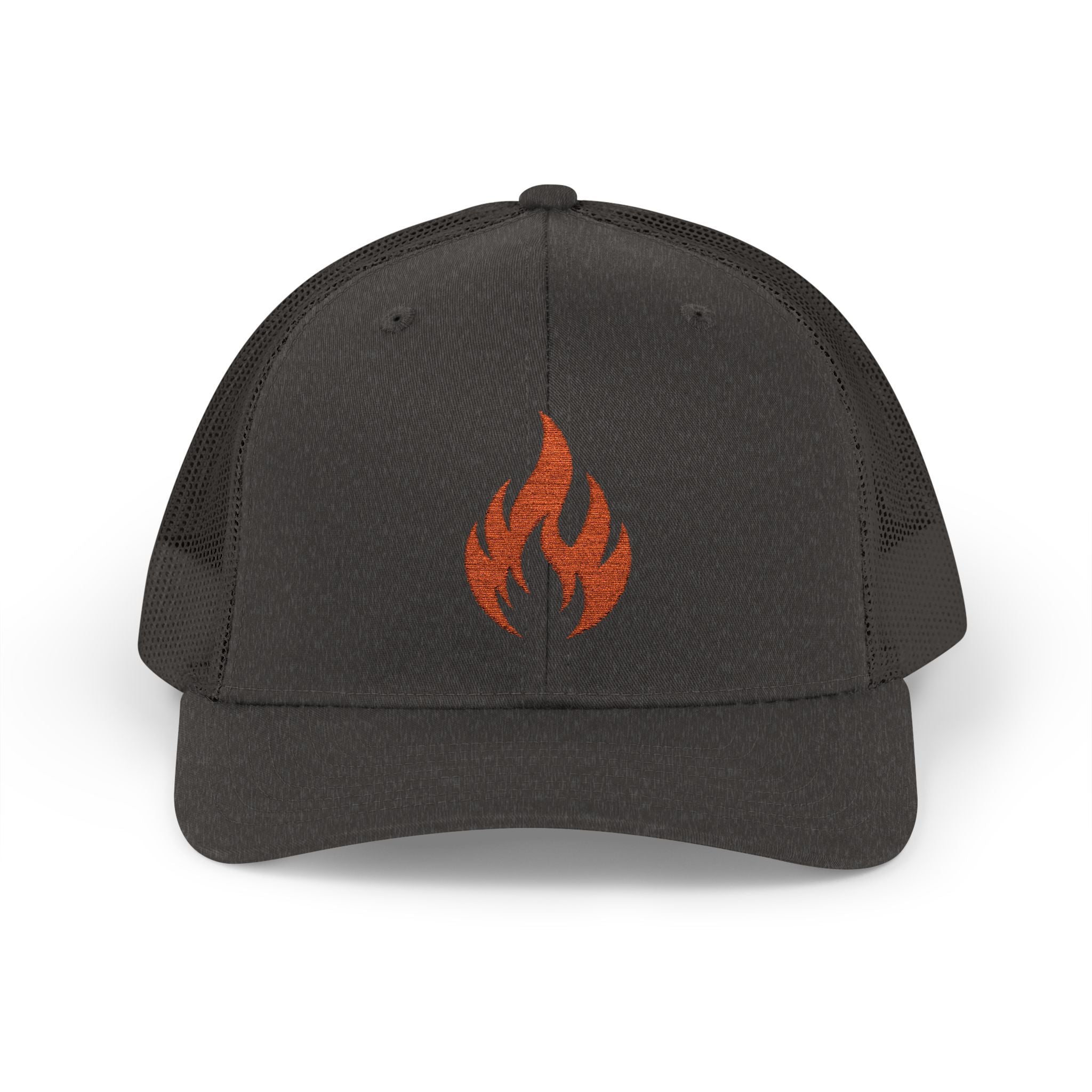 Embroidered Flame Trucker Cap — Orange Glitter Fire Patch Snapback