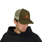 Embroidered Flame Trucker Cap — Orange Glitter Fire Patch Snapback