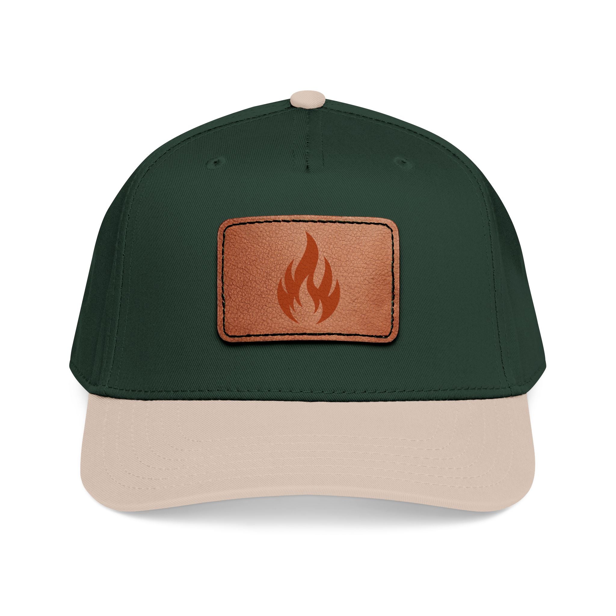 Leather Patch Flame Baseball Cap — Mid Profile Adjustable Hat