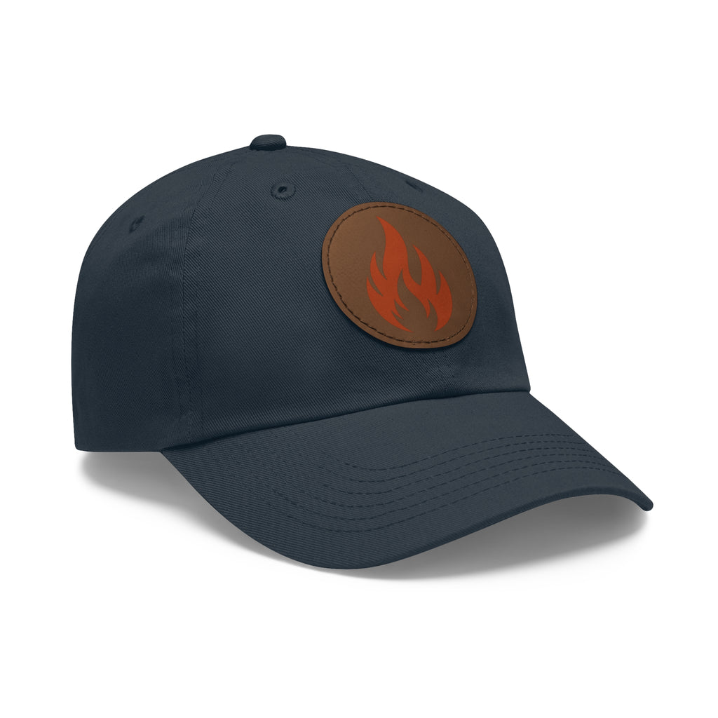 Flame Patch Dad Hat — Leather Round Patch Fire Logo Cap