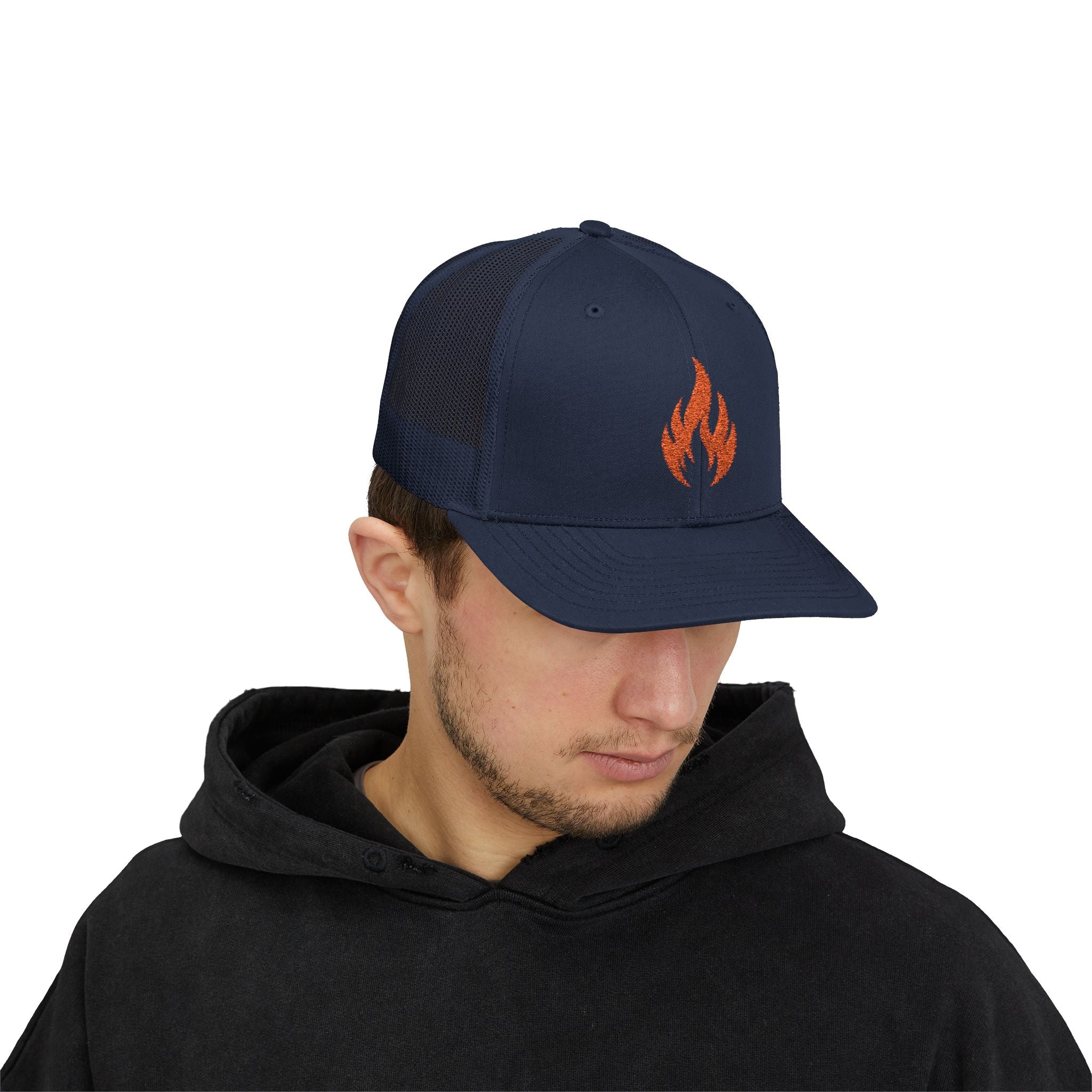 Embroidered Flame Trucker Cap — Orange Glitter Fire Patch Snapback