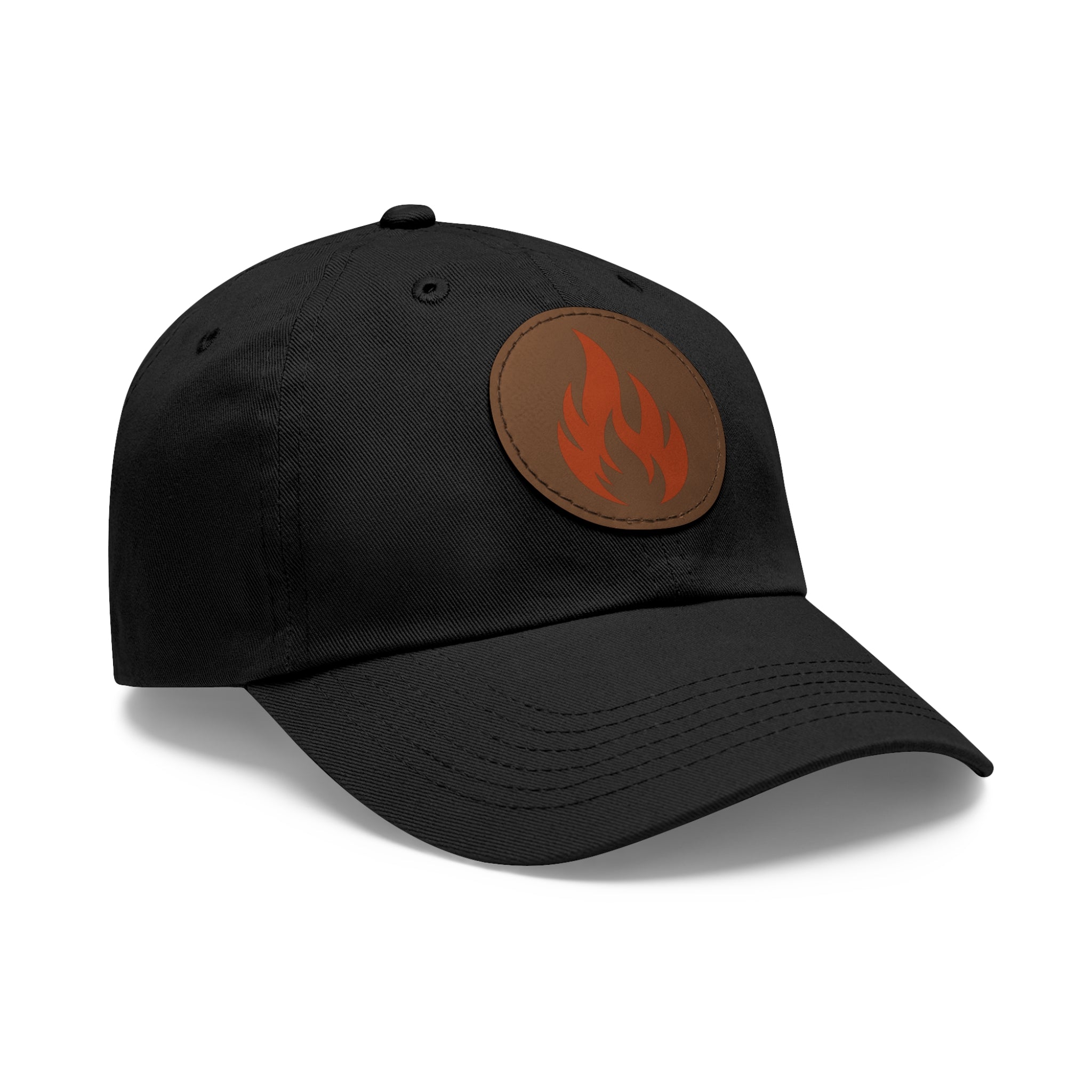Flame Patch Dad Hat — Leather Round Patch Fire Logo Cap