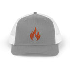 Embroidered Flame Trucker Cap — Orange Glitter Fire Patch Snapback