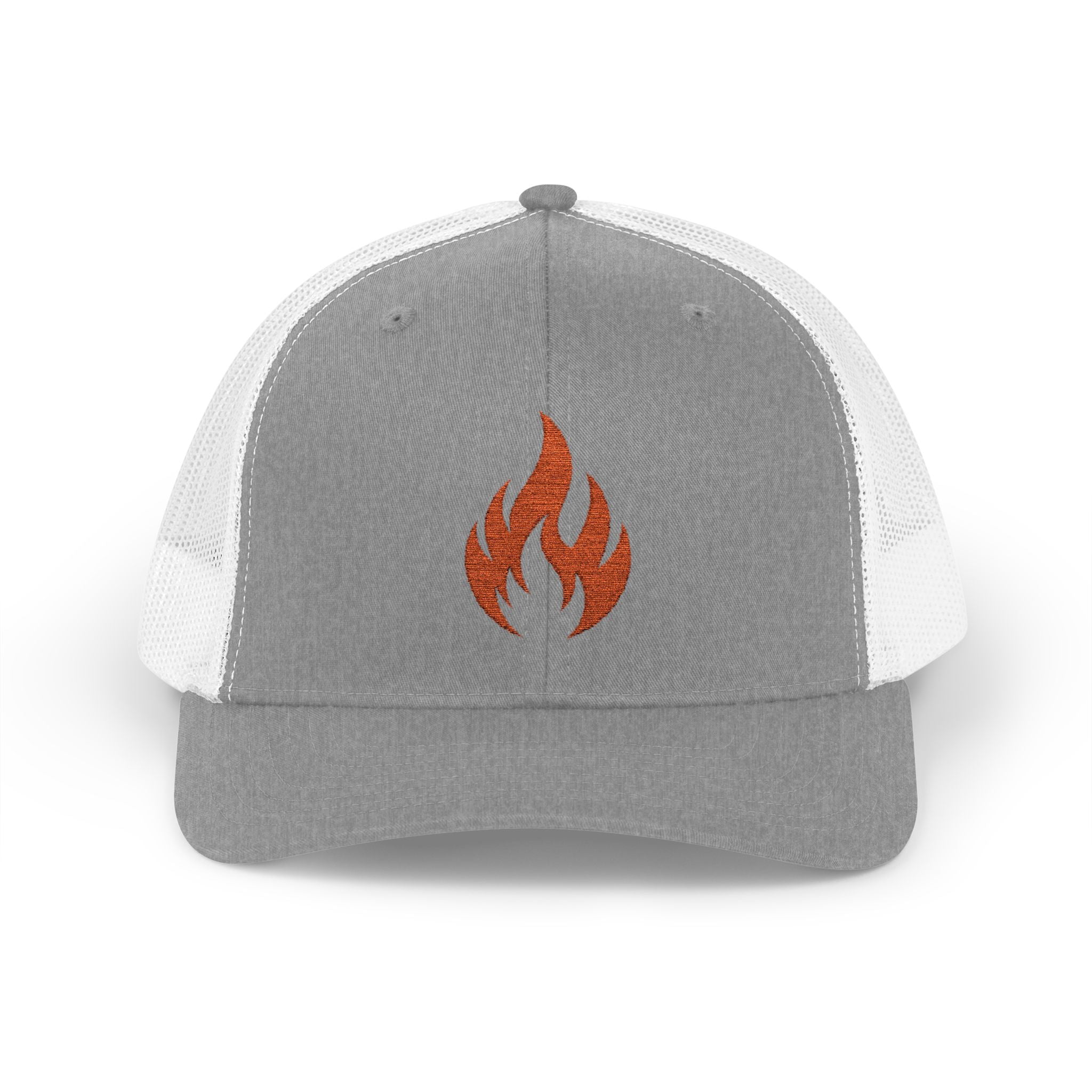 Embroidered Flame Trucker Cap — Orange Glitter Fire Patch Snapback
