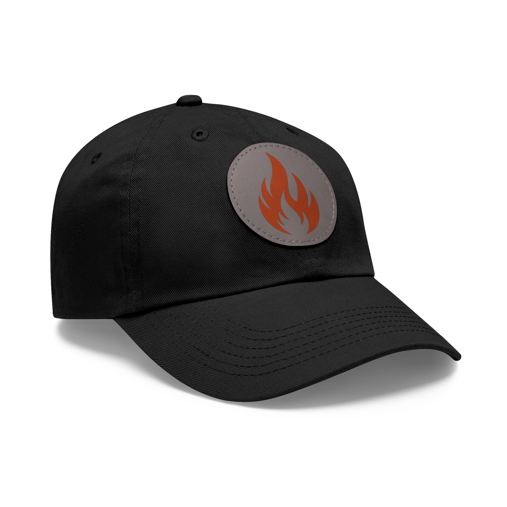 Flame Patch Dad Hat — Leather Round Patch Fire Logo Cap