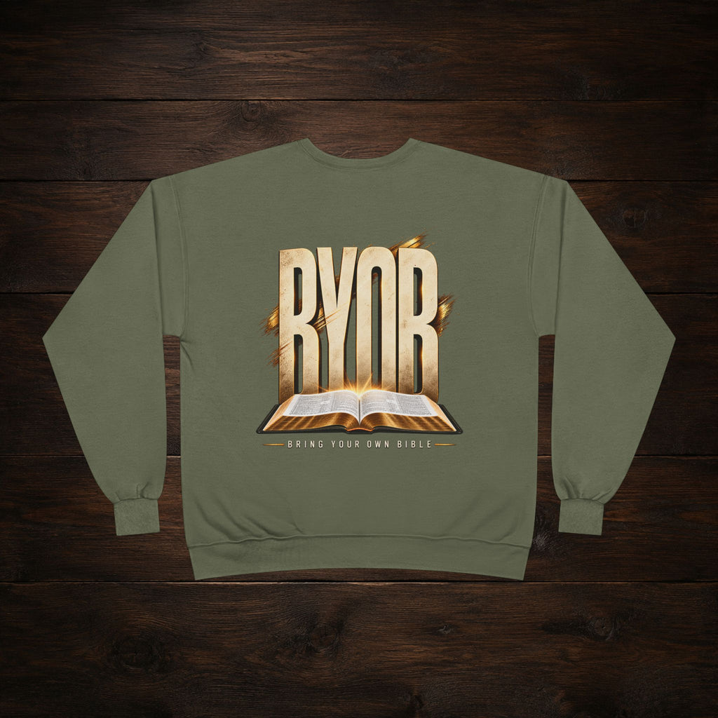 Christian Crewneck Sweatshirt — "BYOB (Bring Your Own Bible)" Faith Graphic