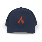 Embroidered Flame Trucker Cap — Orange Glitter Fire Patch Snapback