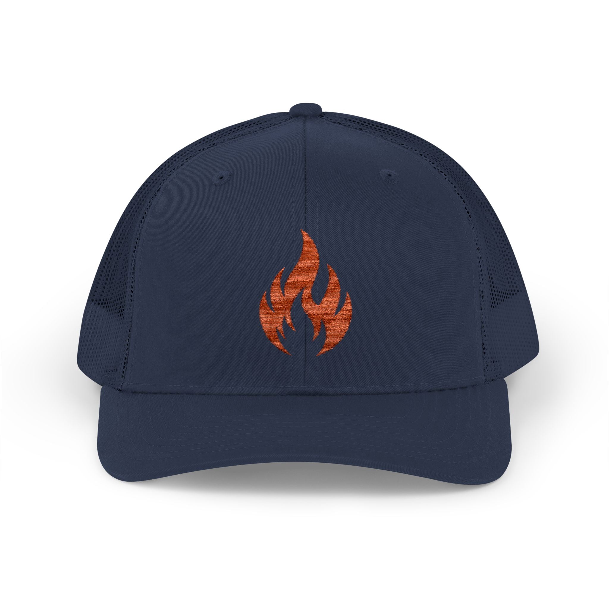 Embroidered Flame Trucker Cap — Orange Glitter Fire Patch Snapback