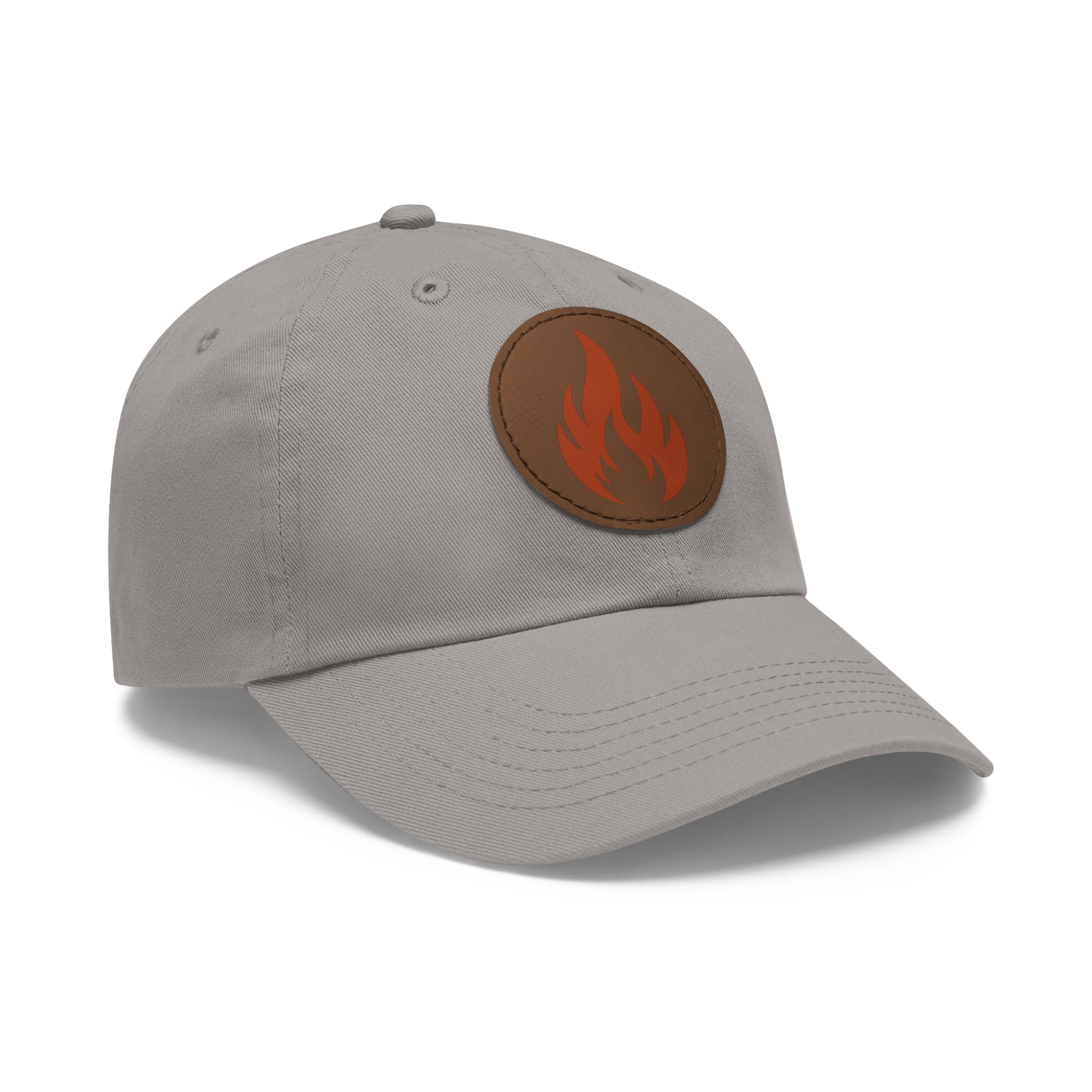 Flame Patch Dad Hat — Leather Round Patch Fire Logo Cap