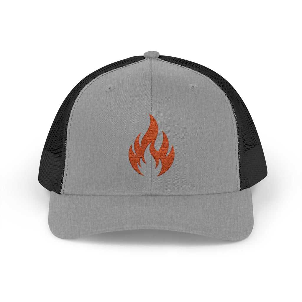 Embroidered Flame Trucker Cap — Orange Glitter Fire Patch Snapback