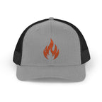 Embroidered Flame Trucker Cap — Orange Glitter Fire Patch Snapback