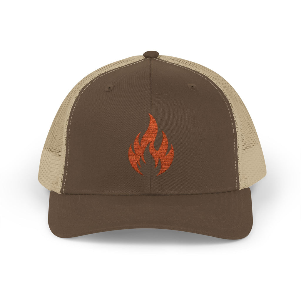 Embroidered Flame Trucker Cap — Orange Glitter Fire Patch Snapback