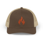 Embroidered Flame Trucker Cap — Orange Glitter Fire Patch Snapback