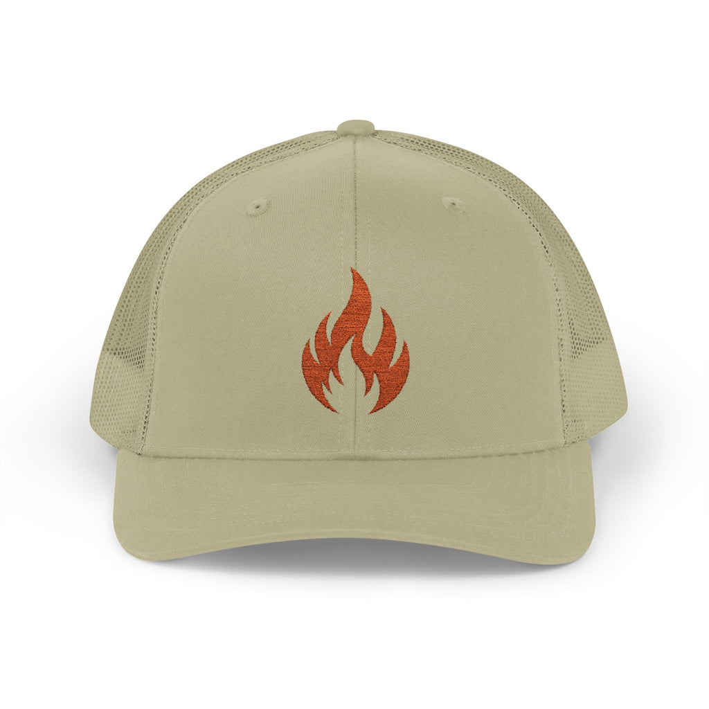Embroidered Flame Trucker Cap — Orange Glitter Fire Patch Snapback