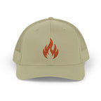 Embroidered Flame Trucker Cap — Orange Glitter Fire Patch Snapback