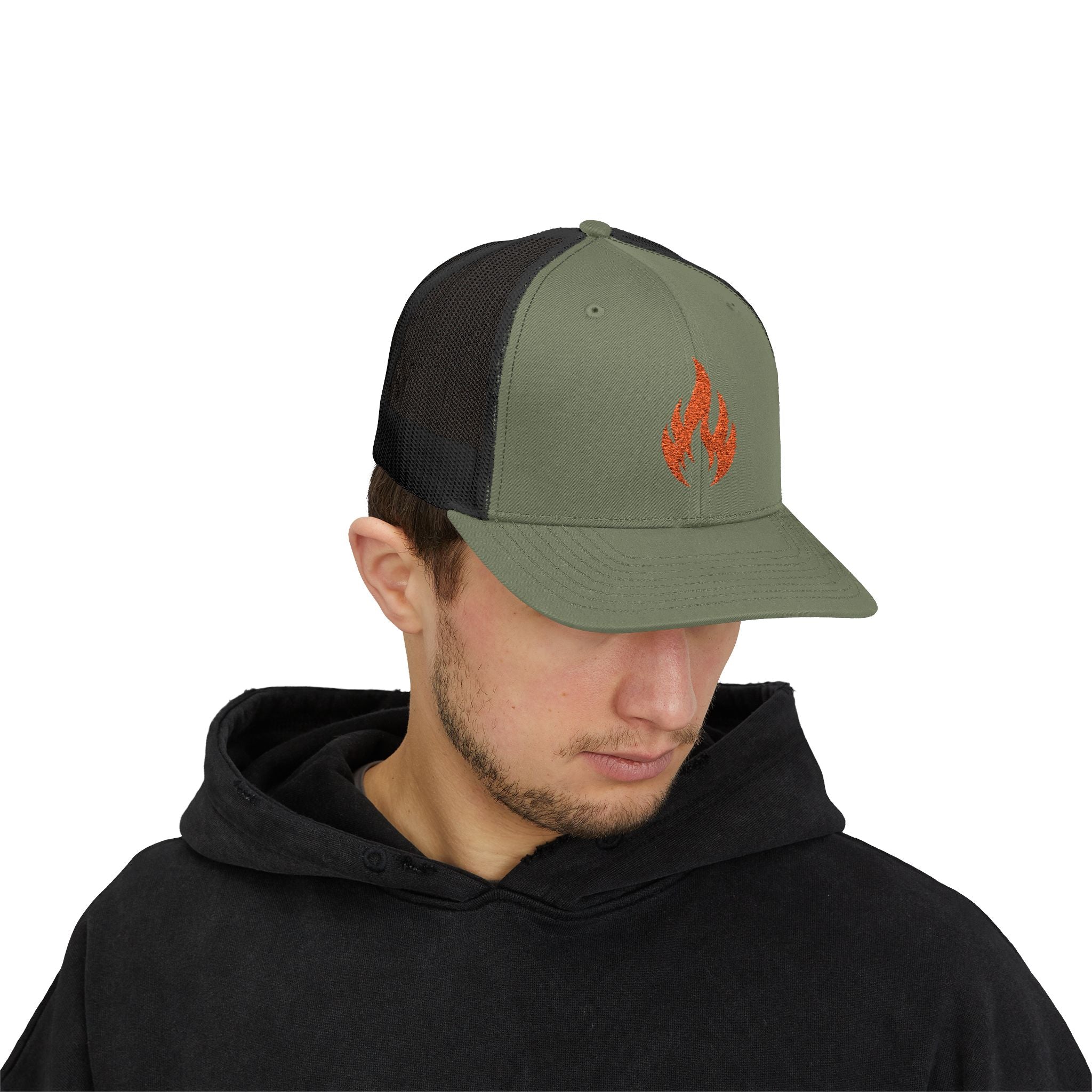 Embroidered Flame Trucker Cap — Orange Glitter Fire Patch Snapback
