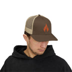 Embroidered Flame Trucker Cap — Orange Glitter Fire Patch Snapback