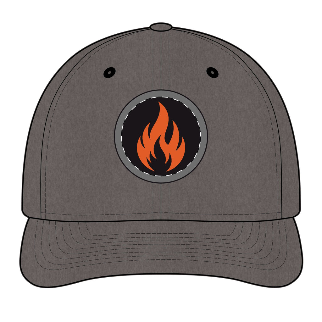 Embroidered Flame Patch Snapback Cap — Trucker Hat with Fire Logo