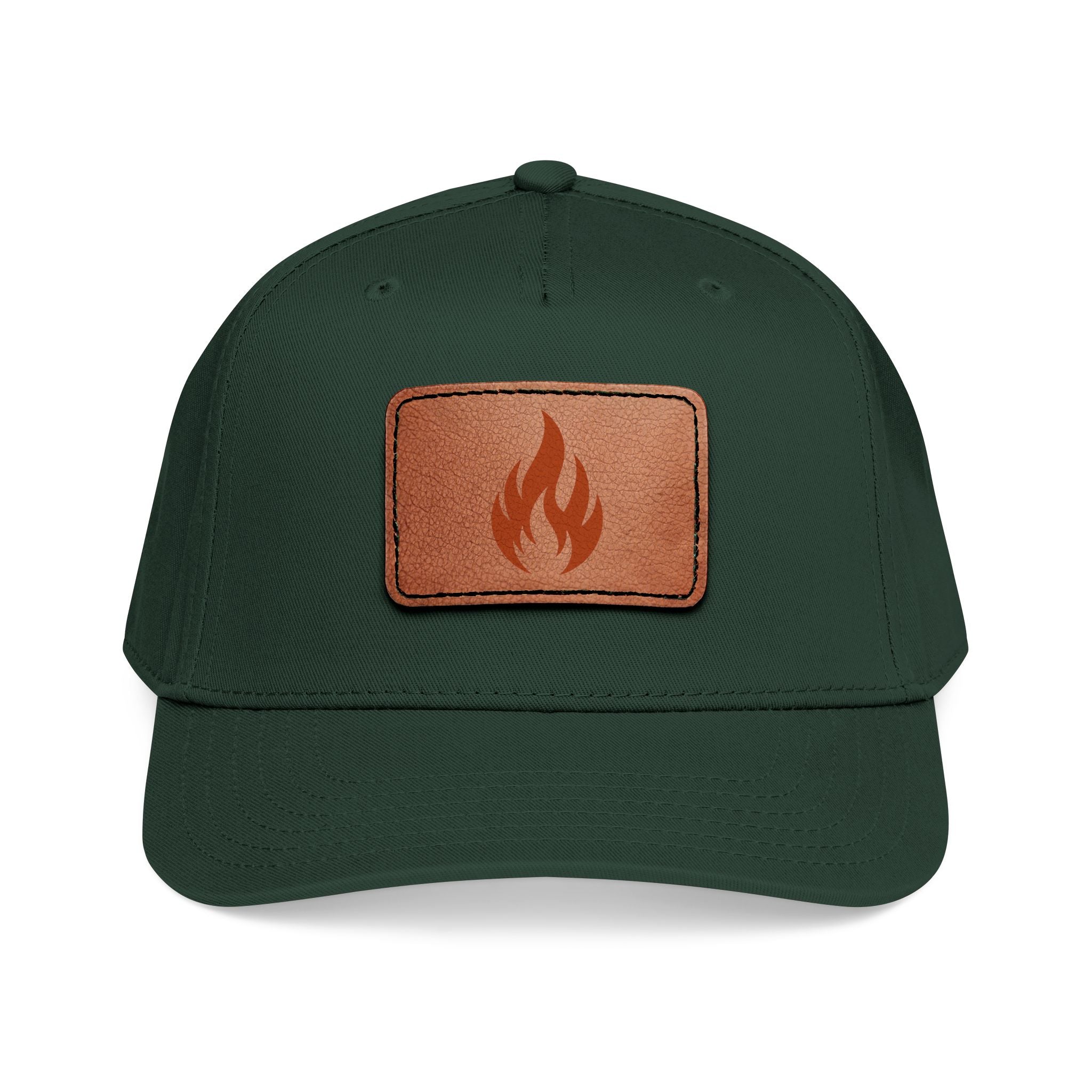 Leather Patch Flame Baseball Cap — Mid Profile Adjustable Hat