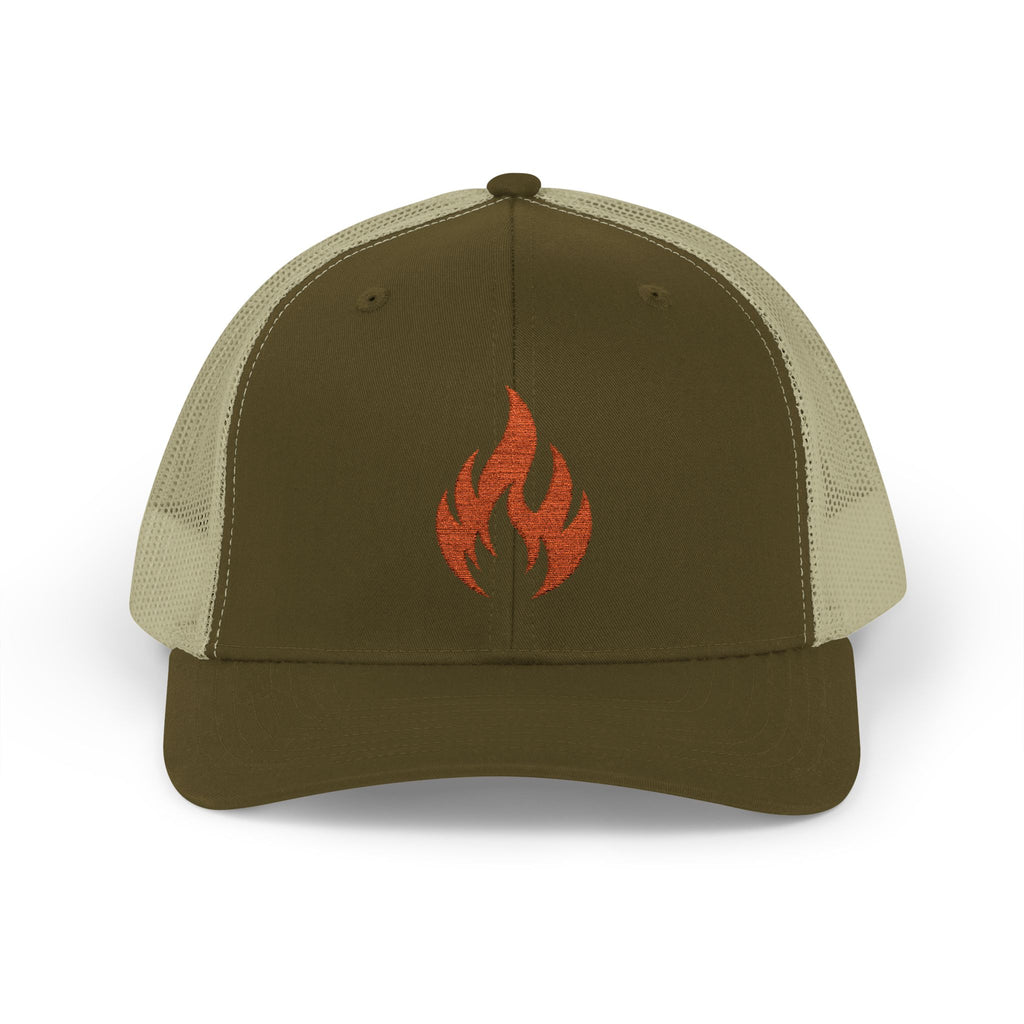 Embroidered Flame Trucker Cap — Orange Glitter Fire Patch Snapback
