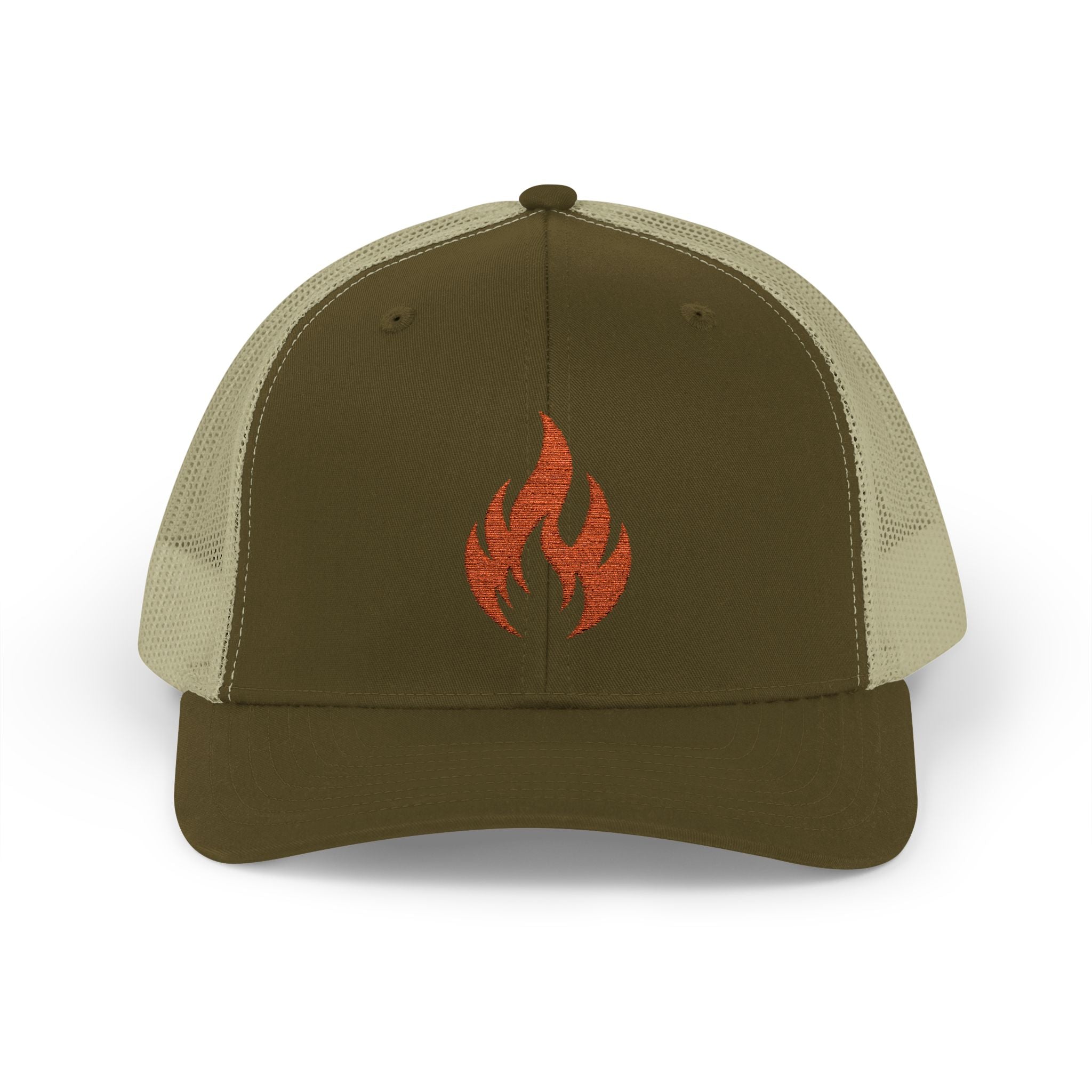 Embroidered Flame Trucker Cap — Orange Glitter Fire Patch Snapback
