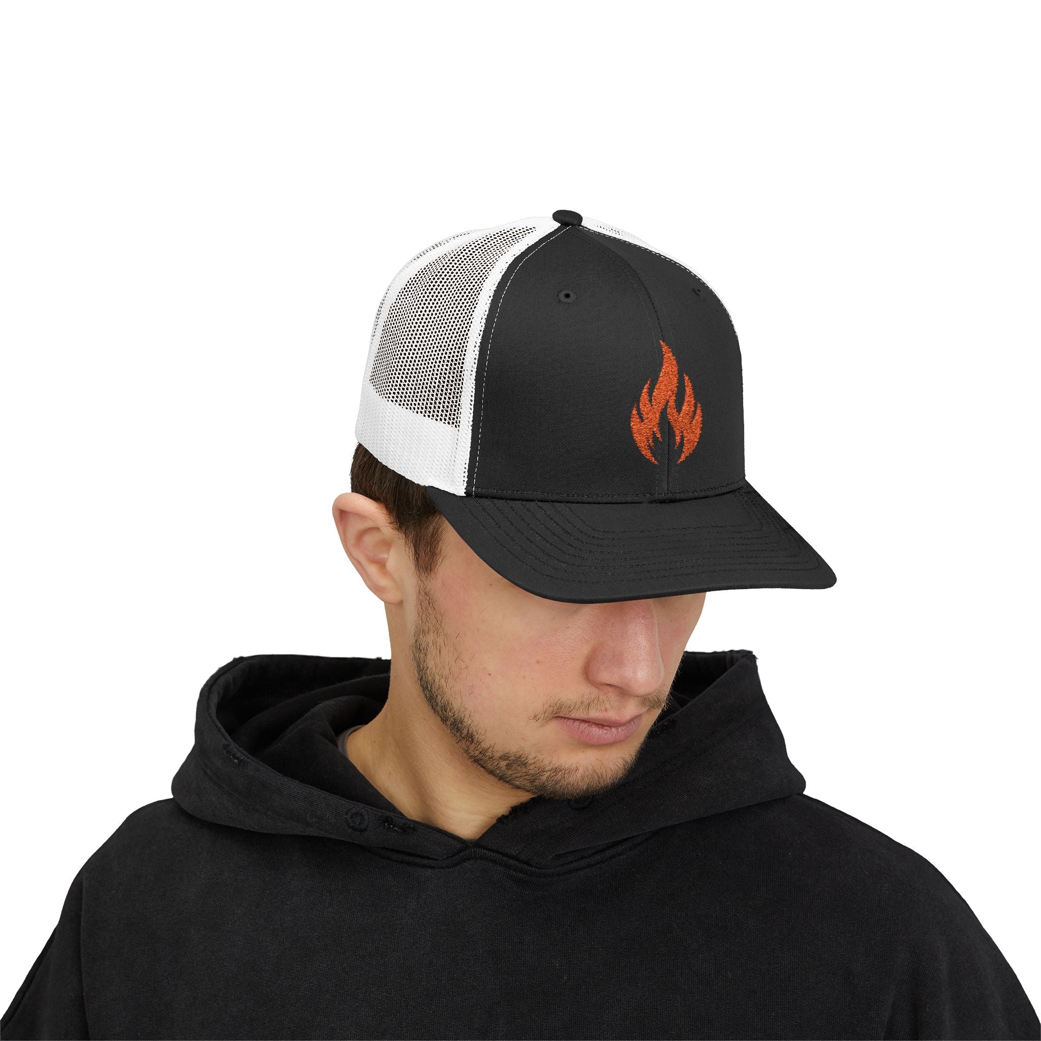 Embroidered Flame Trucker Cap — Orange Glitter Fire Patch Snapback