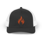 Embroidered Flame Trucker Cap — Orange Glitter Fire Patch Snapback
