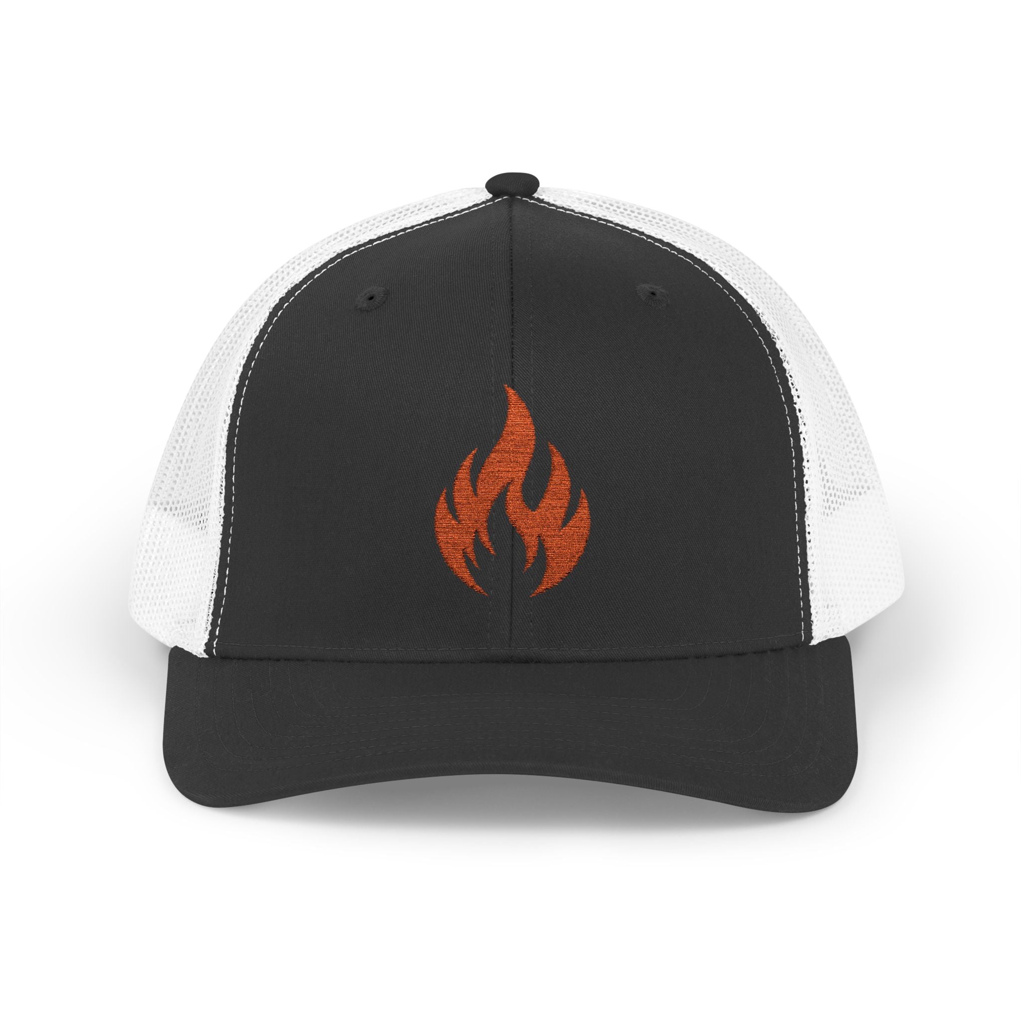 Embroidered Flame Trucker Cap — Orange Glitter Fire Patch Snapback
