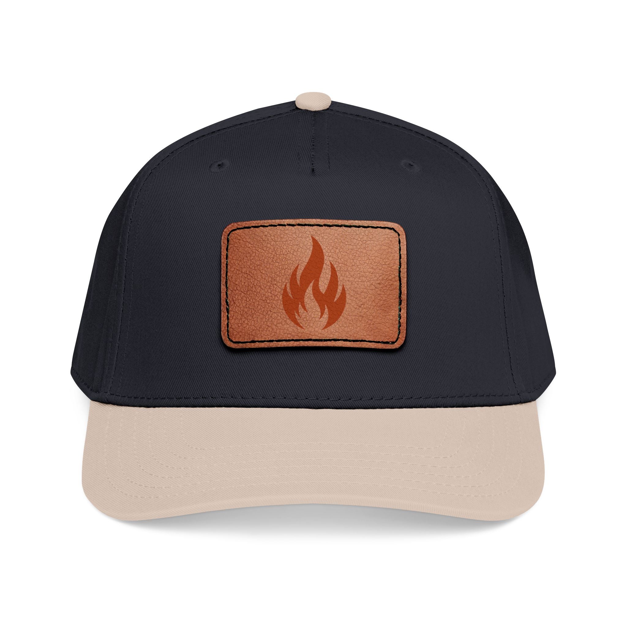 Leather Patch Flame Baseball Cap — Mid Profile Adjustable Hat