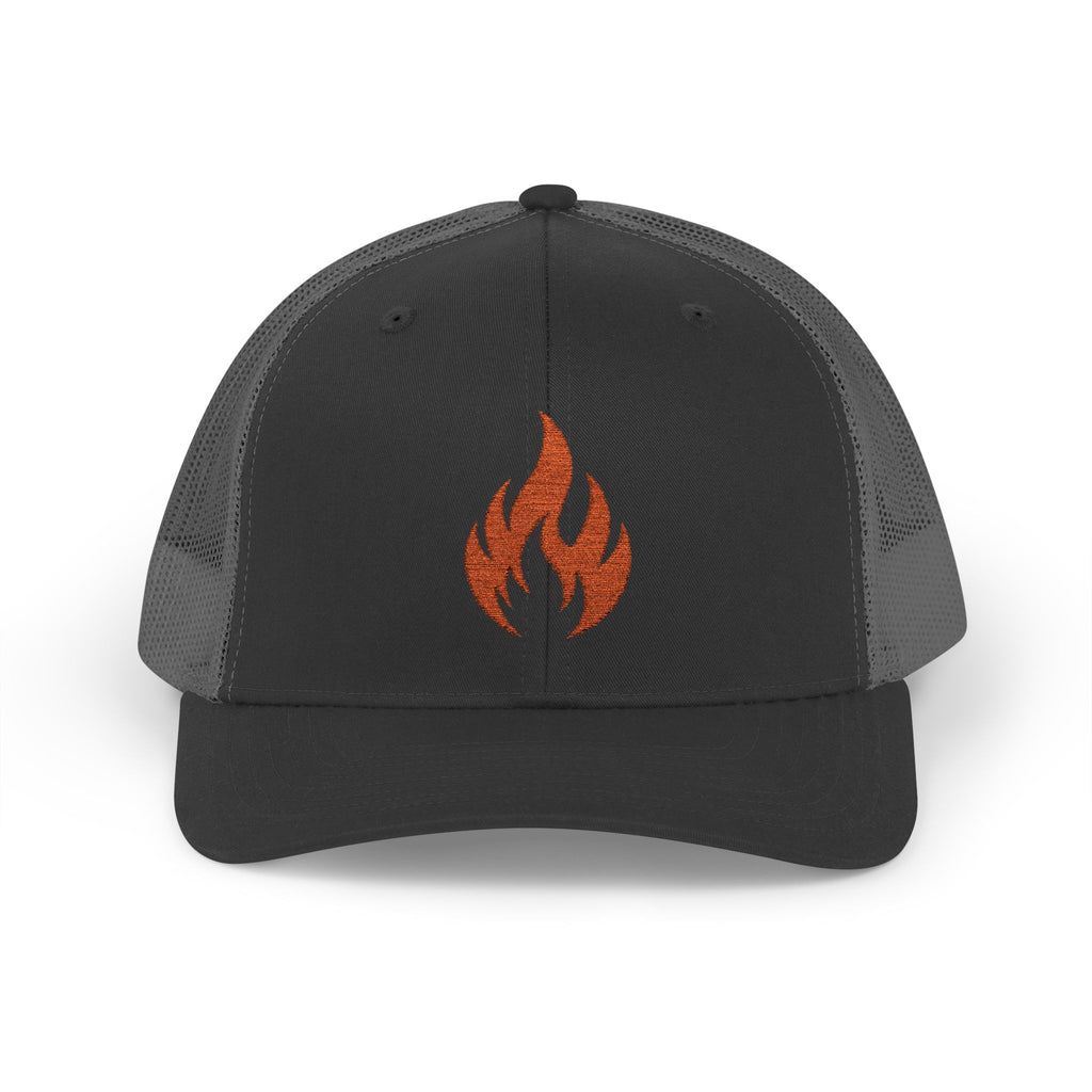 Embroidered Flame Trucker Cap — Orange Glitter Fire Patch Snapback
