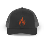 Embroidered Flame Trucker Cap — Orange Glitter Fire Patch Snapback