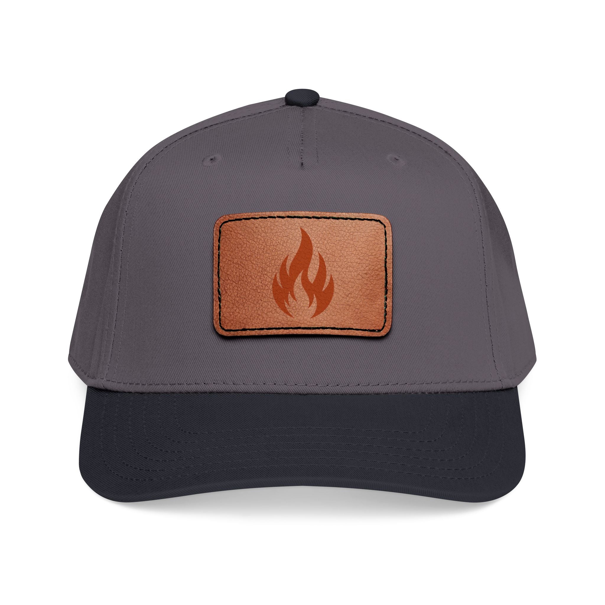 Leather Patch Flame Baseball Cap — Mid Profile Adjustable Hat