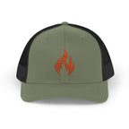 Embroidered Flame Trucker Cap — Orange Glitter Fire Patch Snapback
