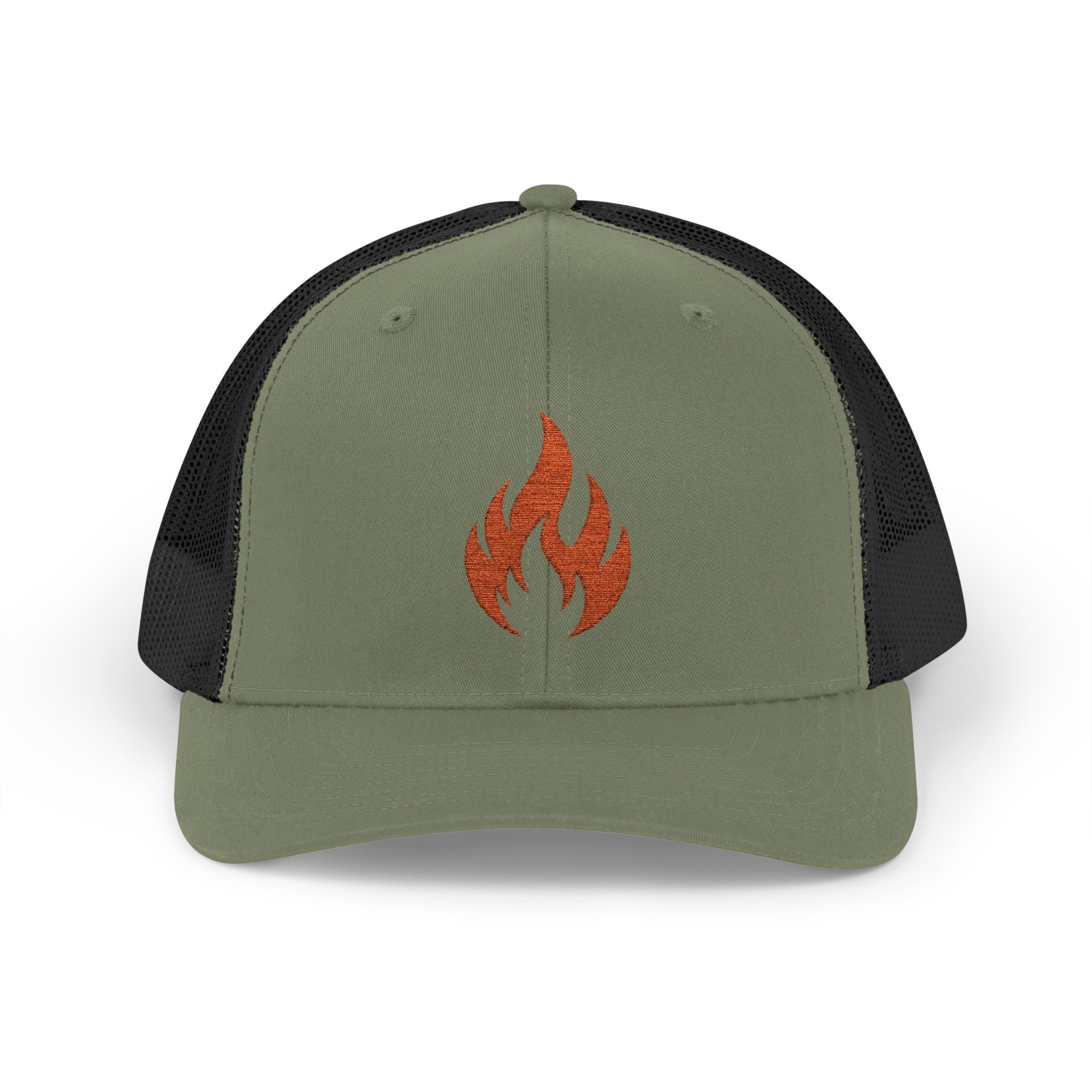 Embroidered Flame Trucker Cap — Orange Glitter Fire Patch Snapback
