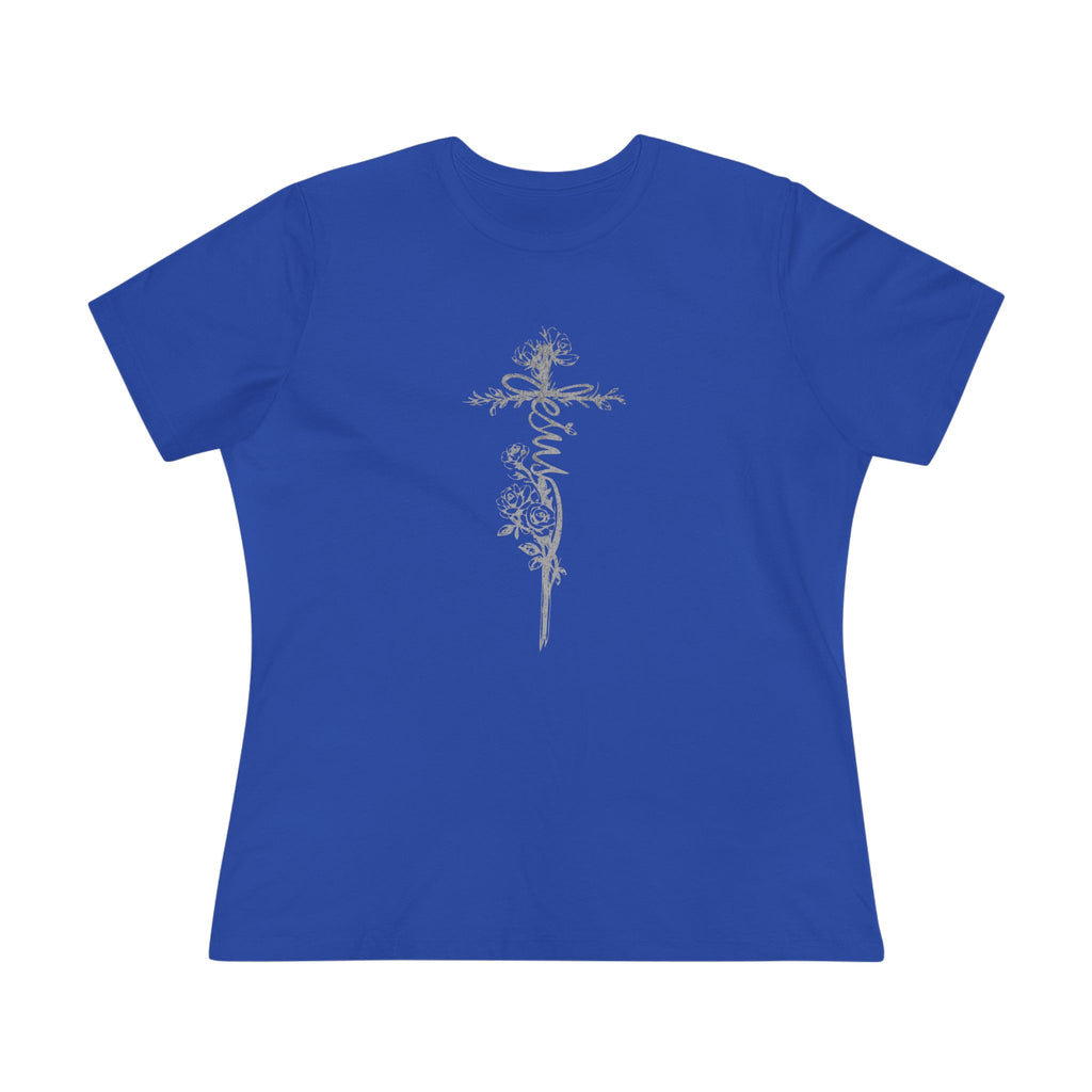 Women's Floral Cross Cotton Tee — Delicate Vine Cross Graphic