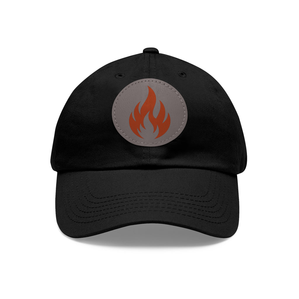 Flame Patch Dad Hat — Leather Round Patch Fire Logo Cap