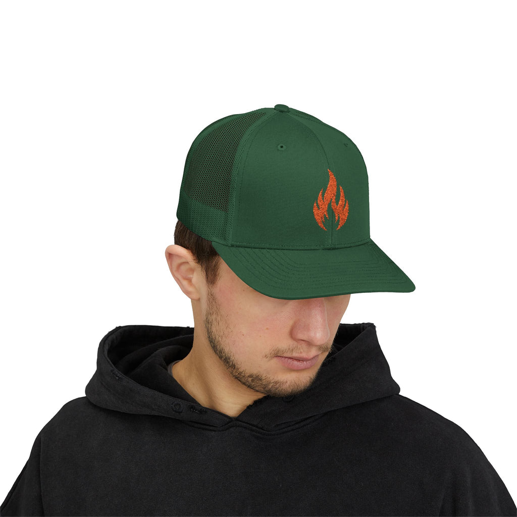 Embroidered Flame Trucker Cap — Orange Glitter Fire Patch Snapback