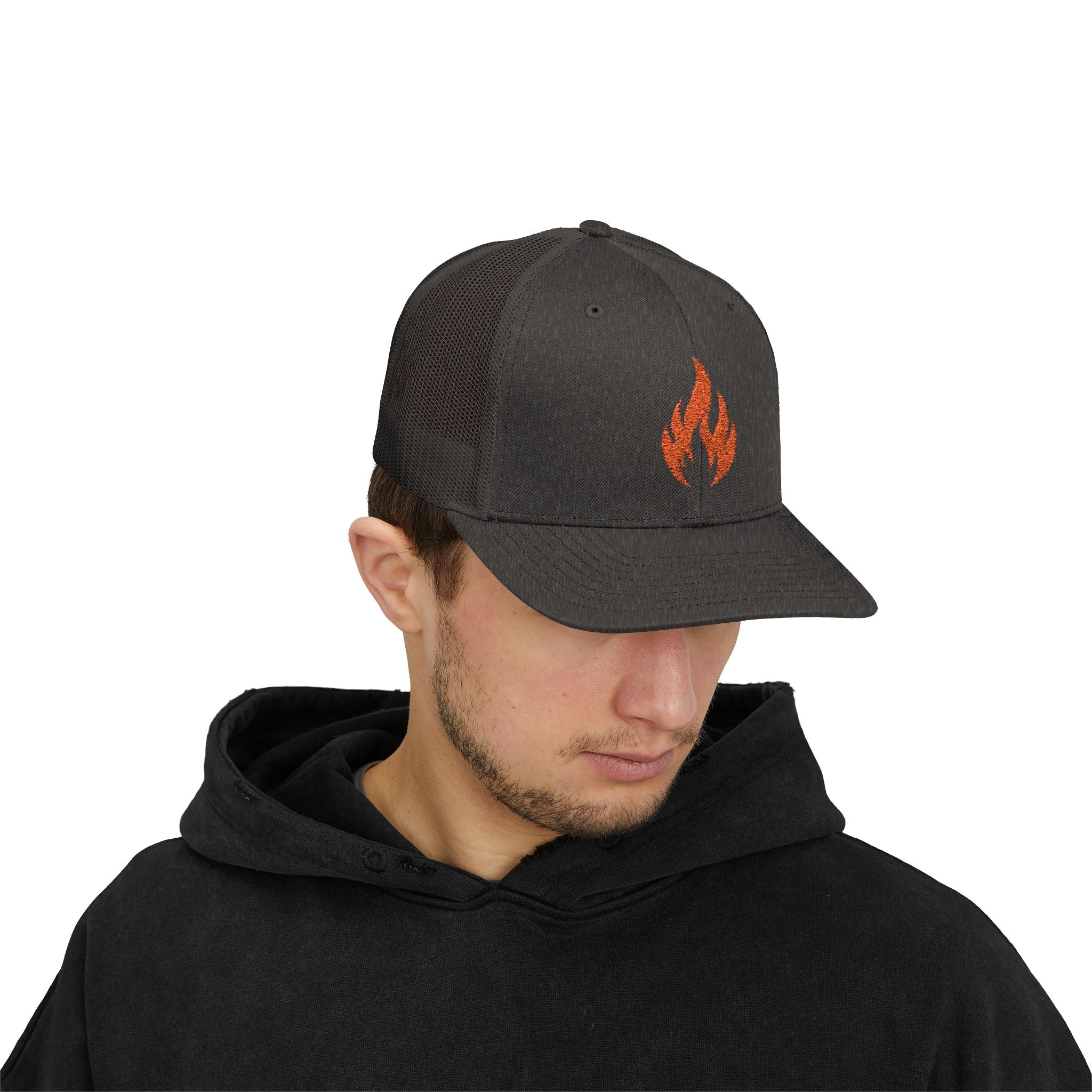 Embroidered Flame Trucker Cap — Orange Glitter Fire Patch Snapback