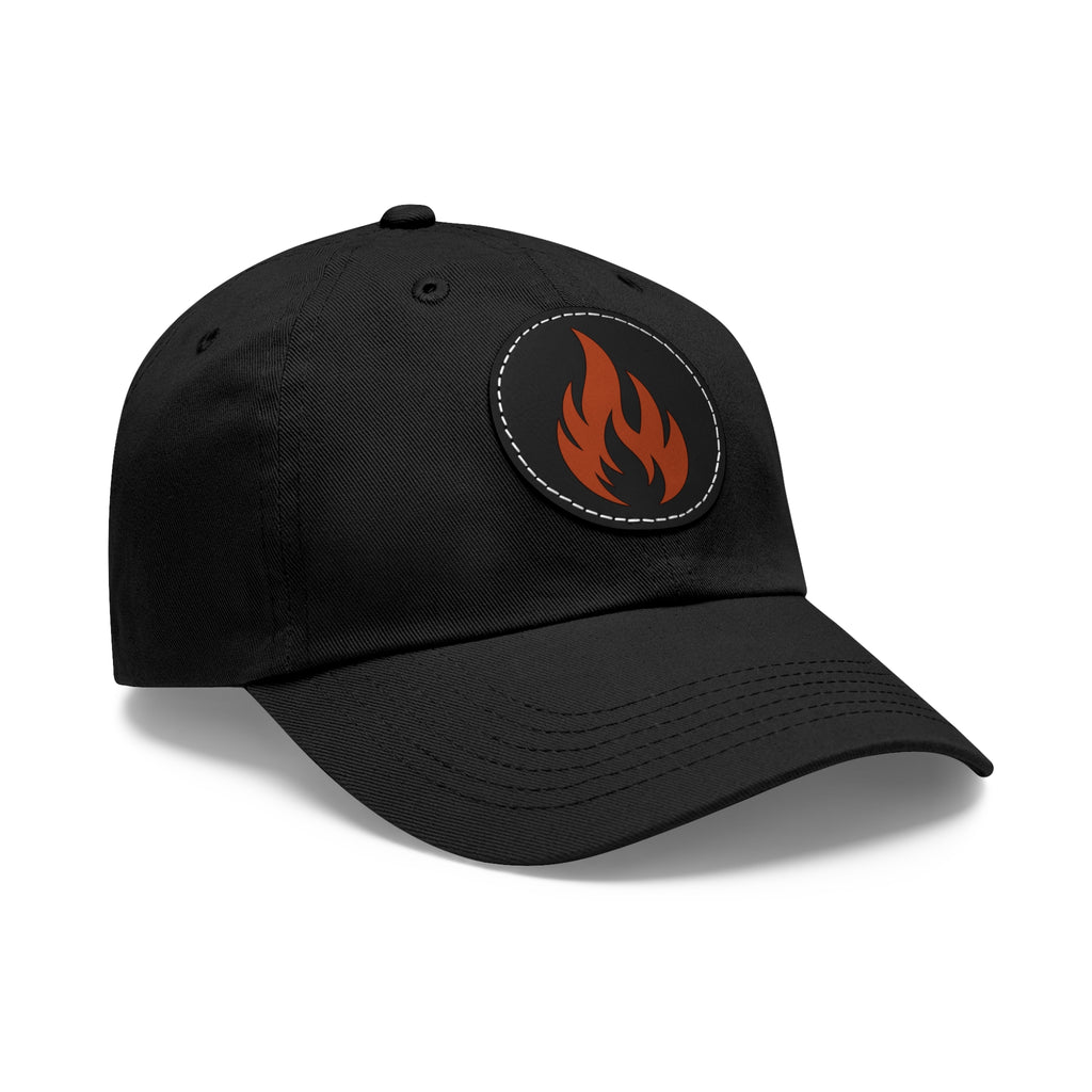 Flame Patch Dad Hat — Leather Round Patch Fire Logo Cap