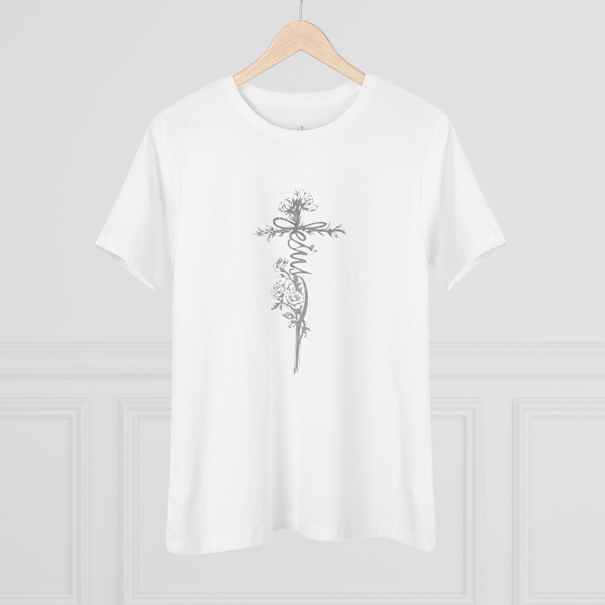 Women's Floral Cross Cotton Tee — Delicate Vine Cross Graphic