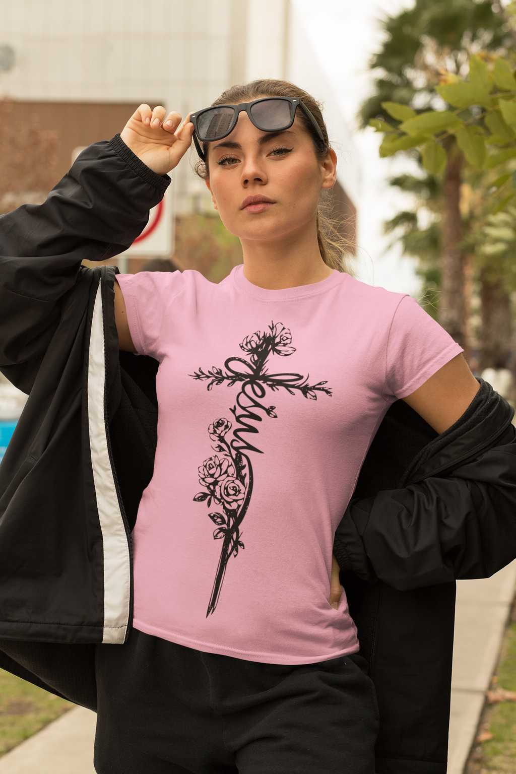 Women's Floral Cross Dark Pallete Cotton Tee — Delicate Vine Cross Graphic
