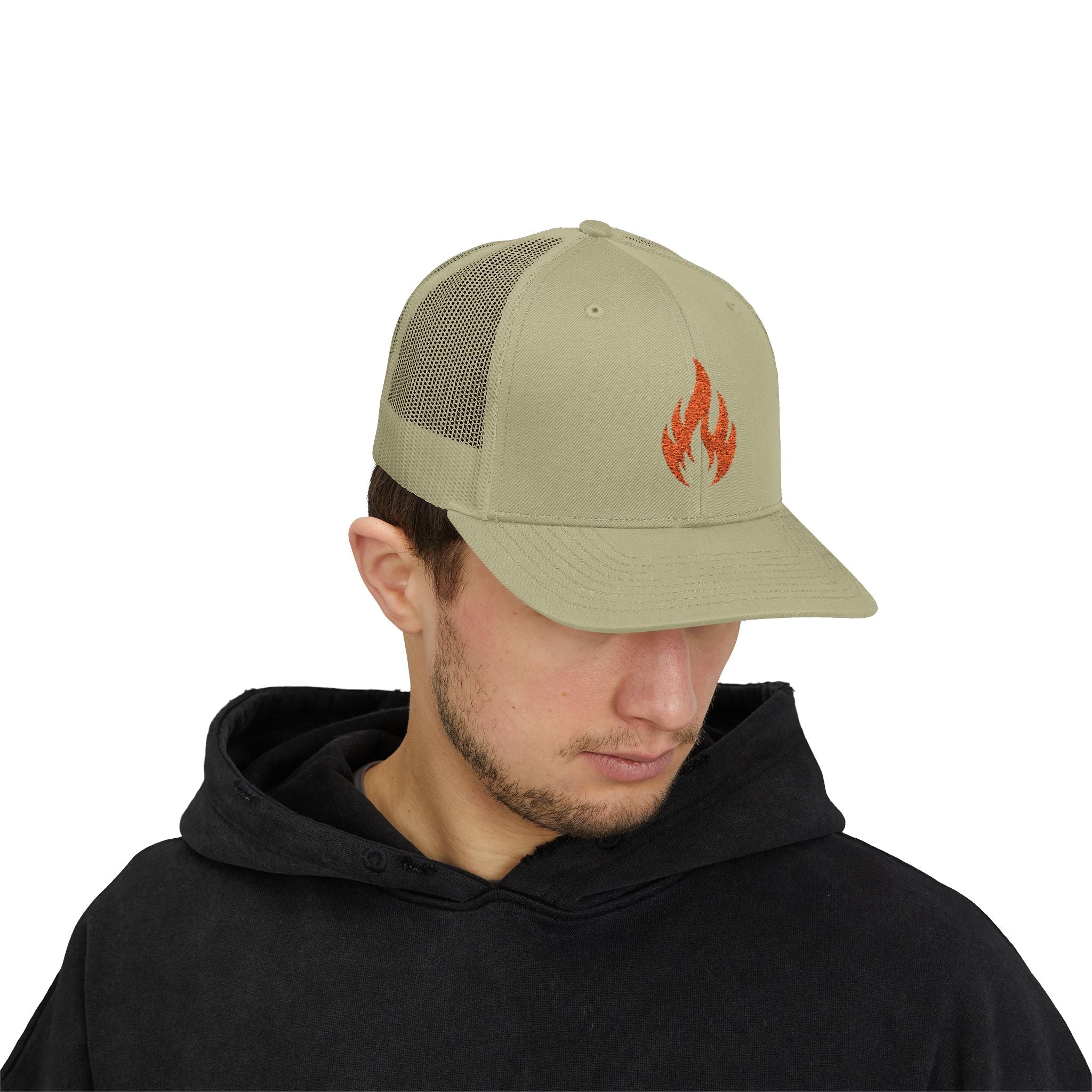 Embroidered Flame Trucker Cap — Orange Glitter Fire Patch Snapback