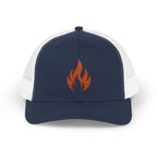 Embroidered Flame Trucker Cap — Orange Glitter Fire Patch Snapback