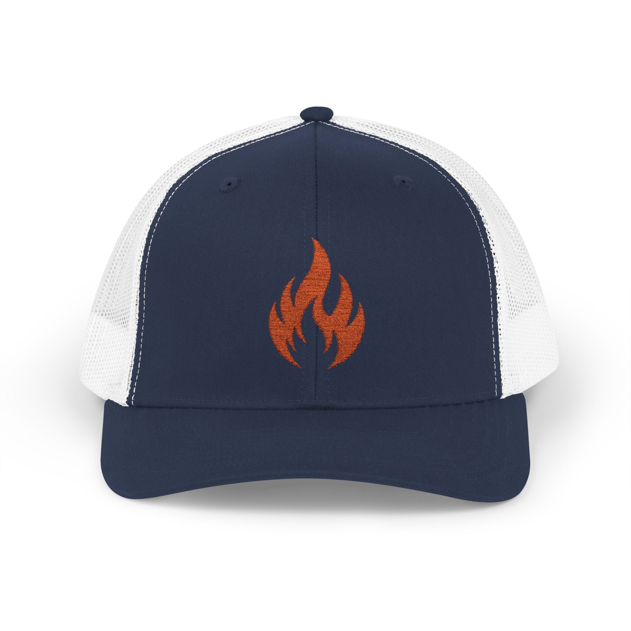 Embroidered Flame Trucker Cap — Orange Glitter Fire Patch Snapback