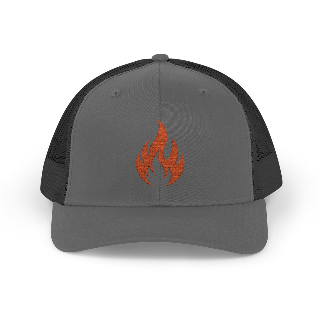 Embroidered Flame Trucker Cap — Orange Glitter Fire Patch Snapback