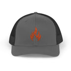Embroidered Flame Trucker Cap — Orange Glitter Fire Patch Snapback