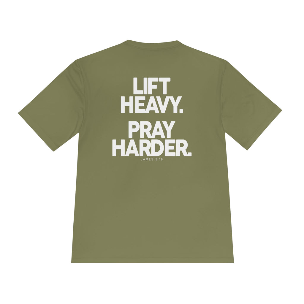 Lift Heavy Pray Harder Tee — Faith & Fitness Moisture-Wicking Shirt